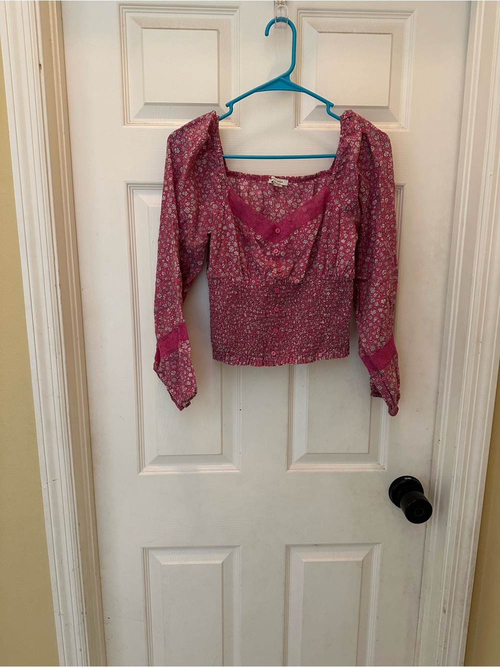 American Age Raspberry Floral Smocked Blouse